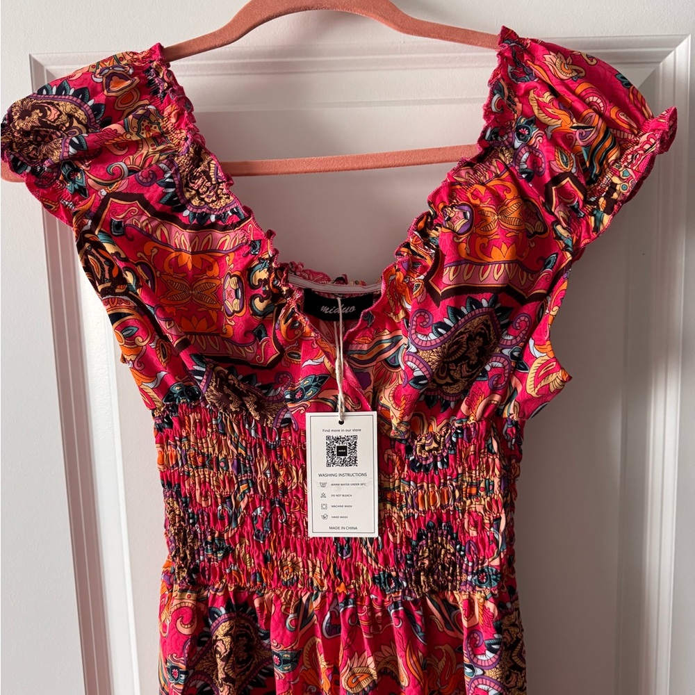 Vibrant Pink Patterned Midi Dress